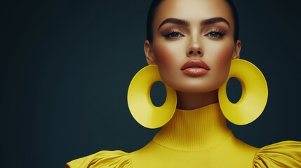 A woman in a yellow dress wears large yellow hoop earrings Her face is partly concealed against a black backdrop