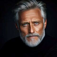 Fototapeta premium Distinguished elderly man with silver hair and beard on black background