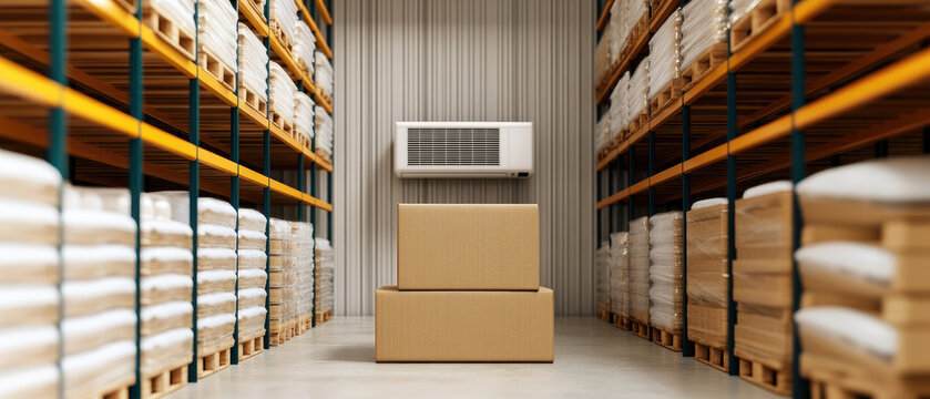 Frozen food storage area, organized shelves and racks, air conditioning unit on wall, efficient selective storage in warehouse environment