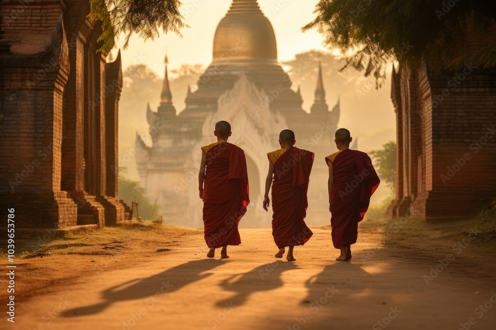 Wall mural Three Buddhist walking pagoda adult.