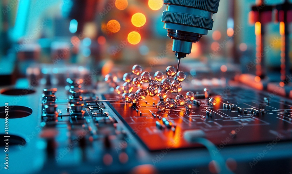 Poster close-up of a robotic arm placing tiny silver balls onto a circuit board.