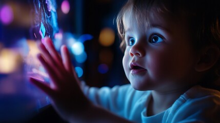 A young child with curious eyes reaches out to a glowing light.
