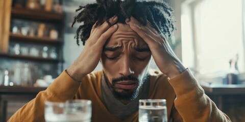 Close-up of a person massaging their temples with closed eyes, showing signs of intense headache and nausea, while a glass of water and medicine sit on a nearby table.