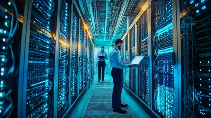 A team of telecommunications engineers working together in a high-tech data center, surrounded by servers and fiber optic cables, using laptops and tablets to monitor network connections