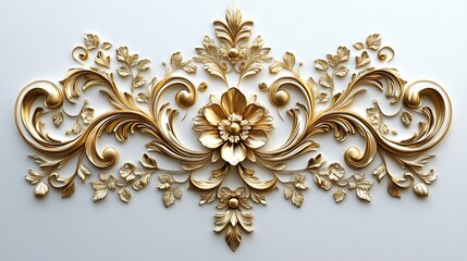 Ornate golden filigree swirling floral and leaf patterns intricately detailed in a regal Baroque style set against a pristine white background for a luxurious 3D decorative design
