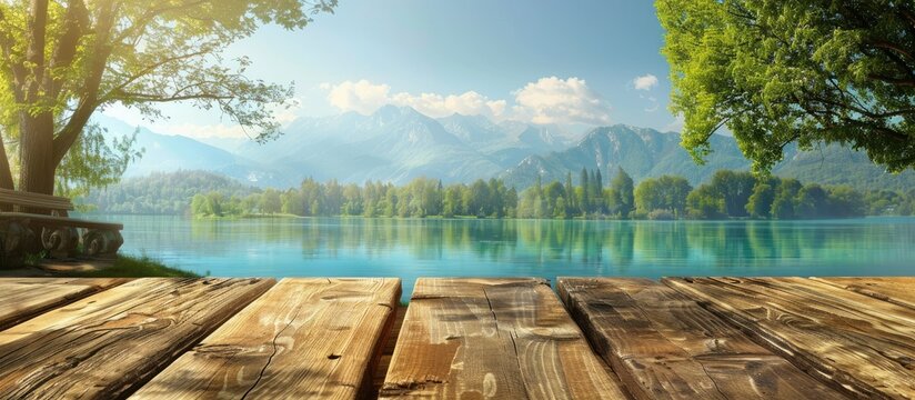 Wooden table with lake and park background providing copy space image for advertising products with a picturesque view of the lake and mountains