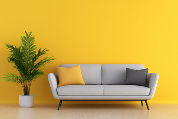 Vibrant Living Room Scene, yellow wall, cozy sofa, stylish decor, inviting atmosphere, perfect for relaxation and conversation, ultra HD quality