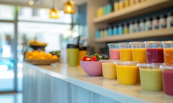 Colorful smoothies and fruit in a modern cafe counter.