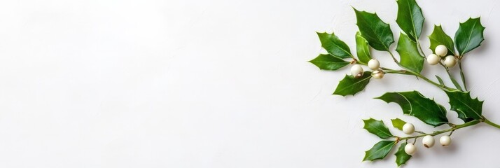 Holly branches with glossy green leaves and white berries placed against a white background, perfect for holiday and winter-themed designs.