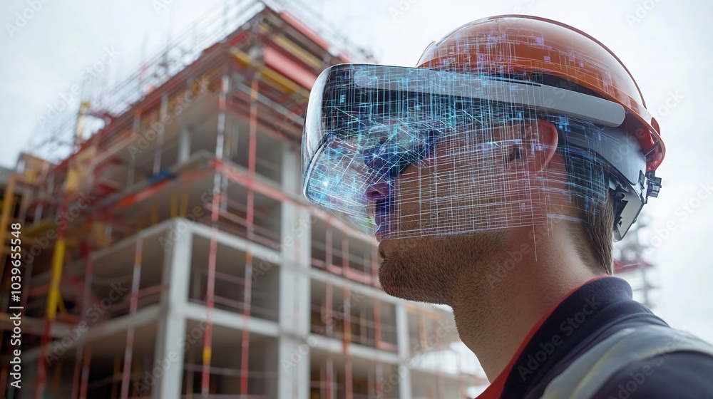 Poster construction worker wearing vr headset, looking at digital blueprint of a building under constructio