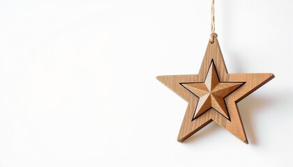 Fototapeta premium Carved wooden star ornament hanging against a white background with copy space for text, star decoration background
