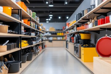 Neatly Organized Kitchen Store with Vibrant Displays of Cookware Appliances and Utensils