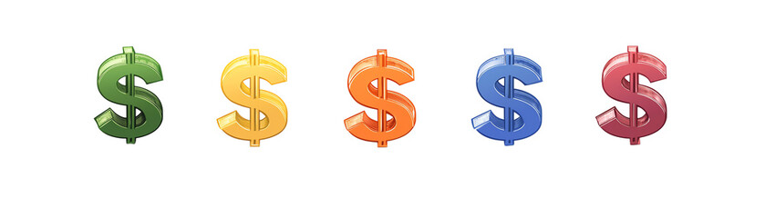 Obraz premium Colorful dollar sign symbols, creative financial concept, white isolated background. transparent background