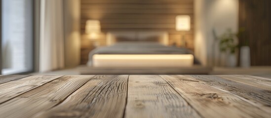 Wooden table with blurred bedroom background provides copy space image for product placements