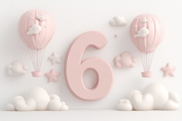 Obraz premium 3d pink number 6 and cloud and birthday decoration 
