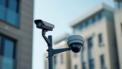 CCTV surveillance security camera video equipment on pole outdoor building safety system area control and copy space
