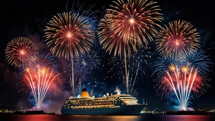 A large cruise ship anchored in a harbor with a dazzling fireworks display illuminating the night sky. (1)