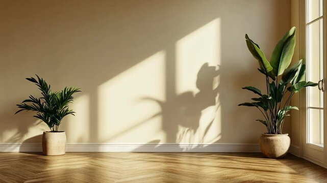 Sunlight streams through a window, casting long shadows on the wall and hardwood floor of a room