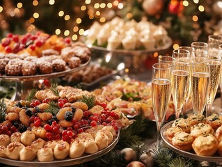Close-up of a buffet table at a New Year's Eve party, filled with hors d’oeuvres, champagne flutes, and festive decorations