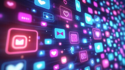 3D digital icons with glowing neon lights