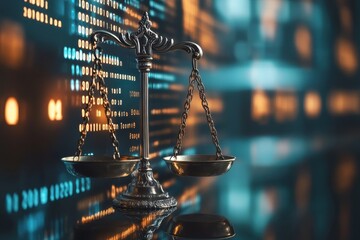 A close-up view of a balanced scale symbolizing justice with a digital backdrop