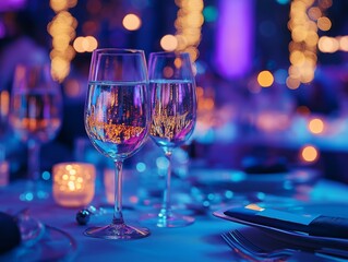 Close-up of a festive table at a New Year's Eve party with festive decorations