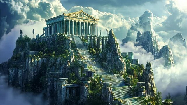 A grand, ancient temple sits atop a mountain peak, surrounded by clouds and reaching for the sky