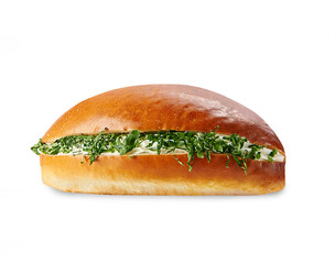 Sandwich isolated on the white table, cheese, lettuce, various vegetables.