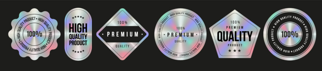 Set of color holographic sticker templates, label with holographic effect. Shiny rainbow emblems for premium quality product. Vector illustration