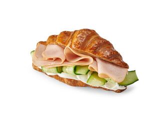 Croissant sandwich isolated on the white table, cheese, lettuce, various vegetables.