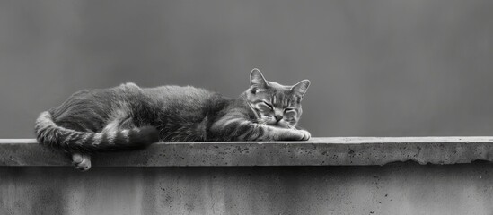 A chubby cat in grayscale tones was resting on the wall with a backdrop of empty space for text or other elements. with copyspace image