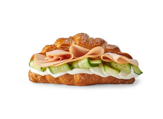 Croissant sandwich isolated on the white table, cheese, lettuce, various vegetables.