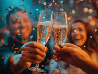Family celebrating New Year's Eve with a mix of ages, kids playing with sparklers, adults raising glasses in a toast