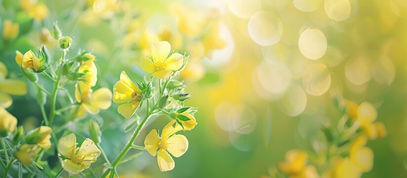 Blooming wild rocket Diplotaxis tenuifolia flowers up close with selective focus on a copy space image a species of yellow flowering plant