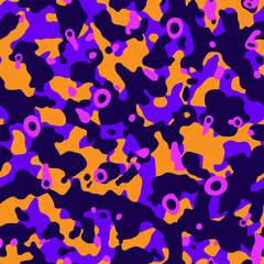 Colorful funky purple organic camouflage Vector Pattern. Bold organic shapes camo in purple, pink, yellow seamless pattern.