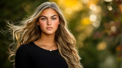 Naklejka premium A woman with long, blonde hair gazes seriously into the camera while wearing a black shirt