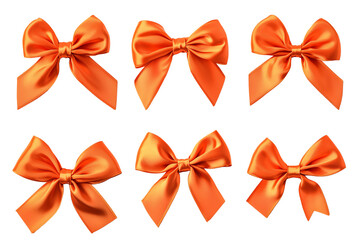 Set of six vibrant orange satin bows on a transparent background. transparent background