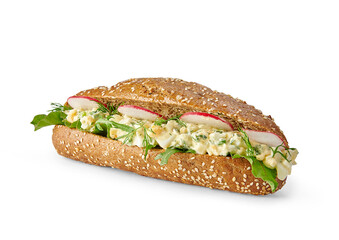 Sandwich isolated on the white table, cheese, lettuce, various vegetables.