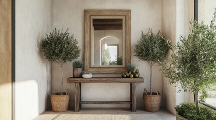 An entry hall in a modern Mediterranean home with a statement mirror