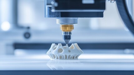 A close-up of a high-resolution 3D printer nozzle, in the midst of creating a complex model, Additive manufacturing style