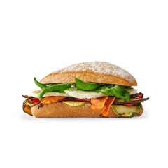 Sandwich isolated on the white table, cheese, lettuce, various vegetables.