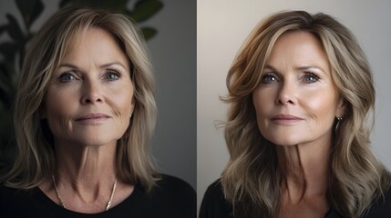 Facelift success story with visual comparison, highlighting dramatic improvement in skin elasticity and tone, Digital Illustration, Natural Lighting