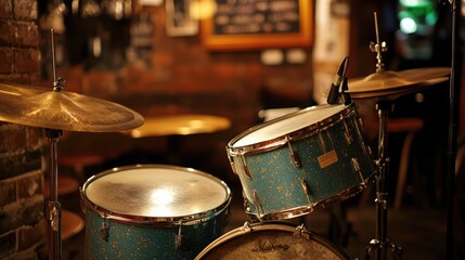Vintage Drum Set in Cozy Bar Atmosphere