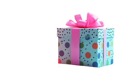 Obraz premium Colorful polka-dot gift box with ribbon, isolated on a white background