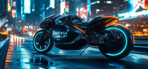 Futuristic motorcycle with neon lights in a cyberpunk city at night.