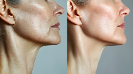 Obraz premium Before-and-after comparison of non-surgical skin treatments and facelift, focusing on wrinkle reduction, skin tightening, and overall facial rejuvenation results