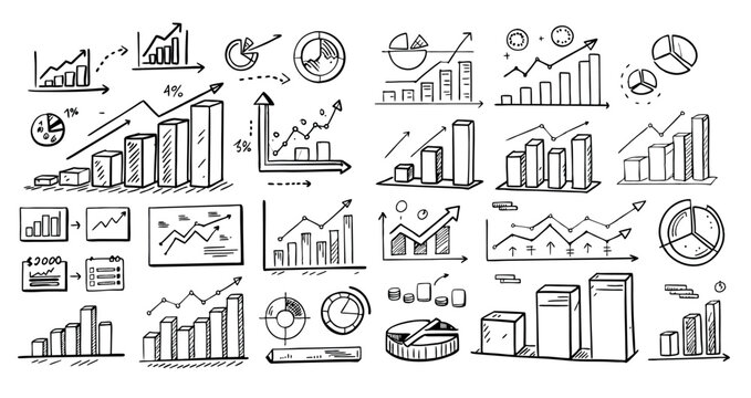 business economical growth black white sketchy graphs, box scatter histogram line plot graph