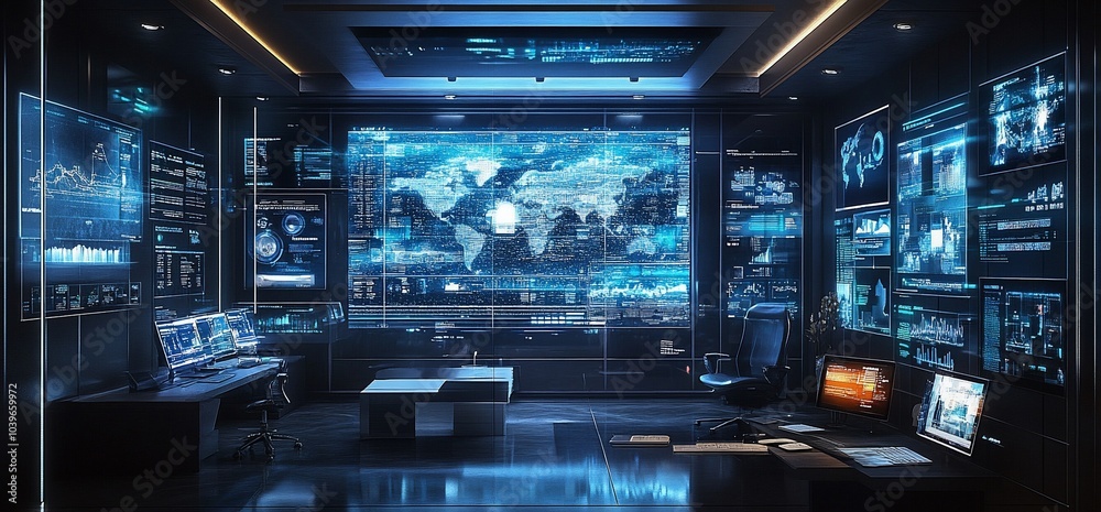 Poster Futuristic office interior with multiple screens displaying global data and maps.