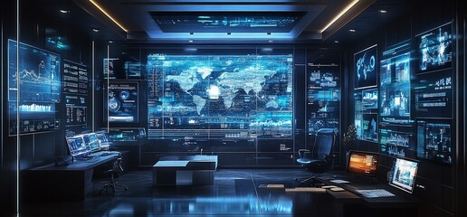 Futuristic office interior with multiple screens displaying global data and maps.