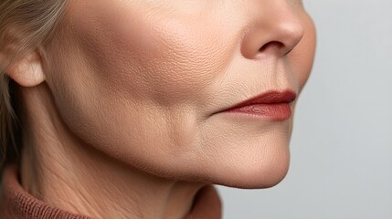 Obraz premium Transformation image of a woman's neck and jawline, showing significant reduction of jowls after a facelift, clean and minimal background, Photorealistic